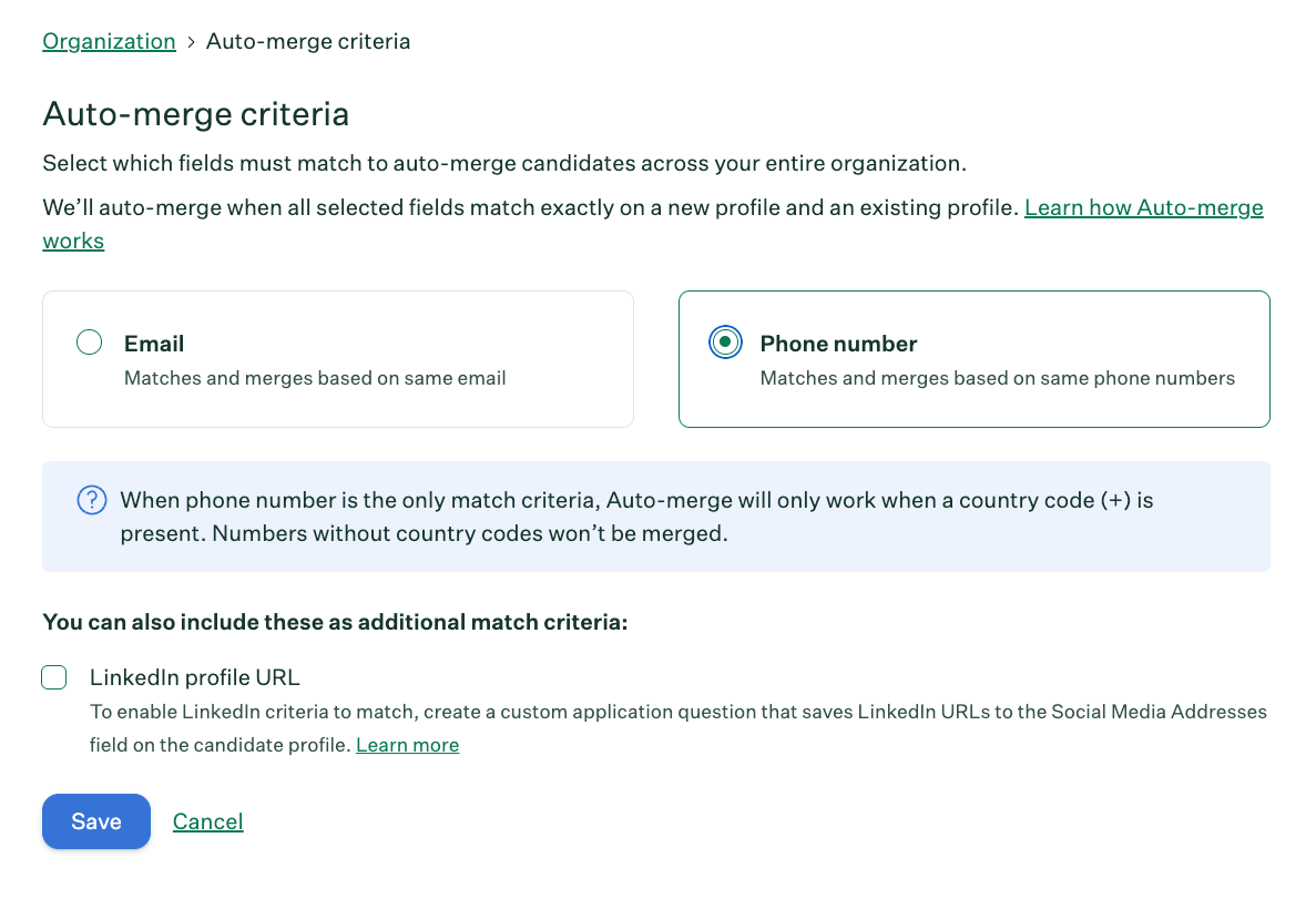 Auto-merge with Phone and LinkedIn options