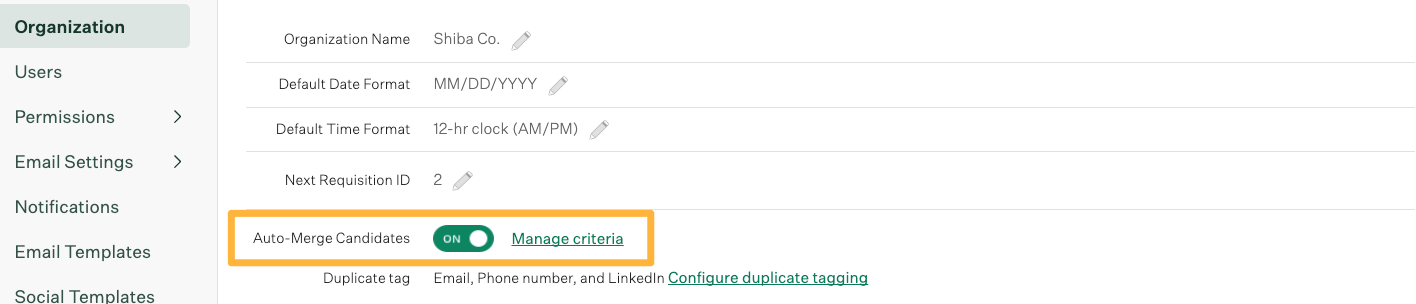 Configure Auto-merge On toggle and Manage Criteria button