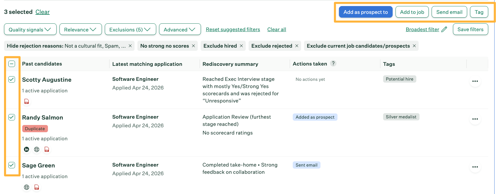 Take Action on Candidates by selecting candidates and choosing action buttons