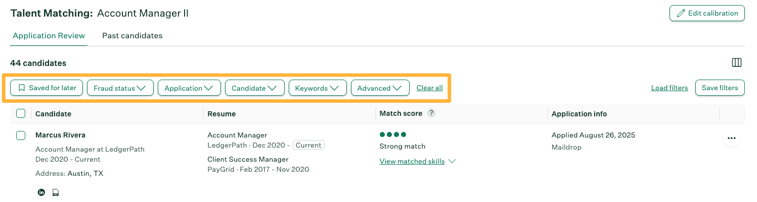 Talent Matching filters