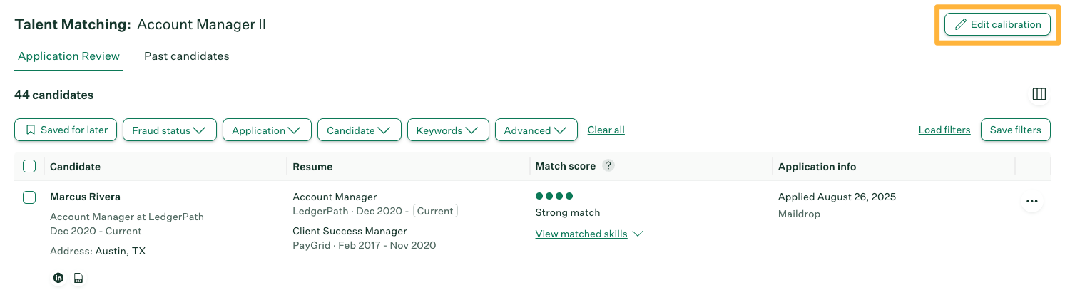 Talent Matching edit calibration button