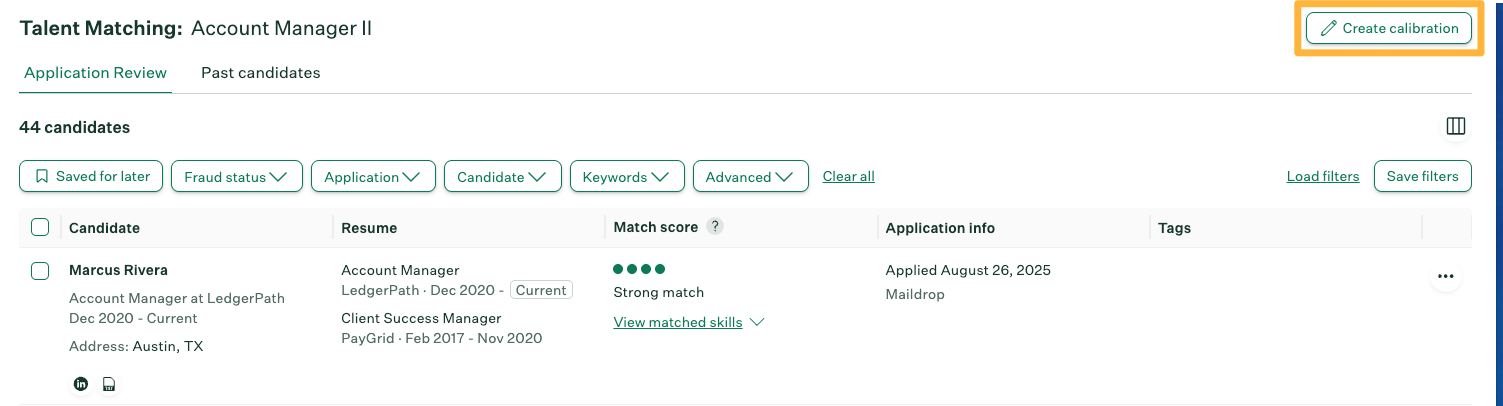 "Create calibration" button in the Talent Matching candidate list.