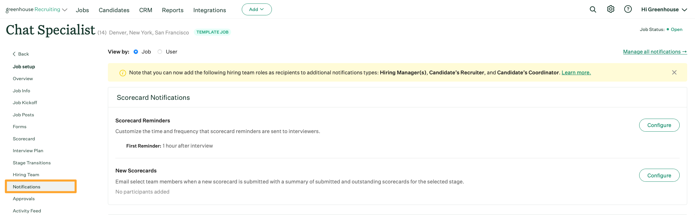 Screenshot of job setup notifications
