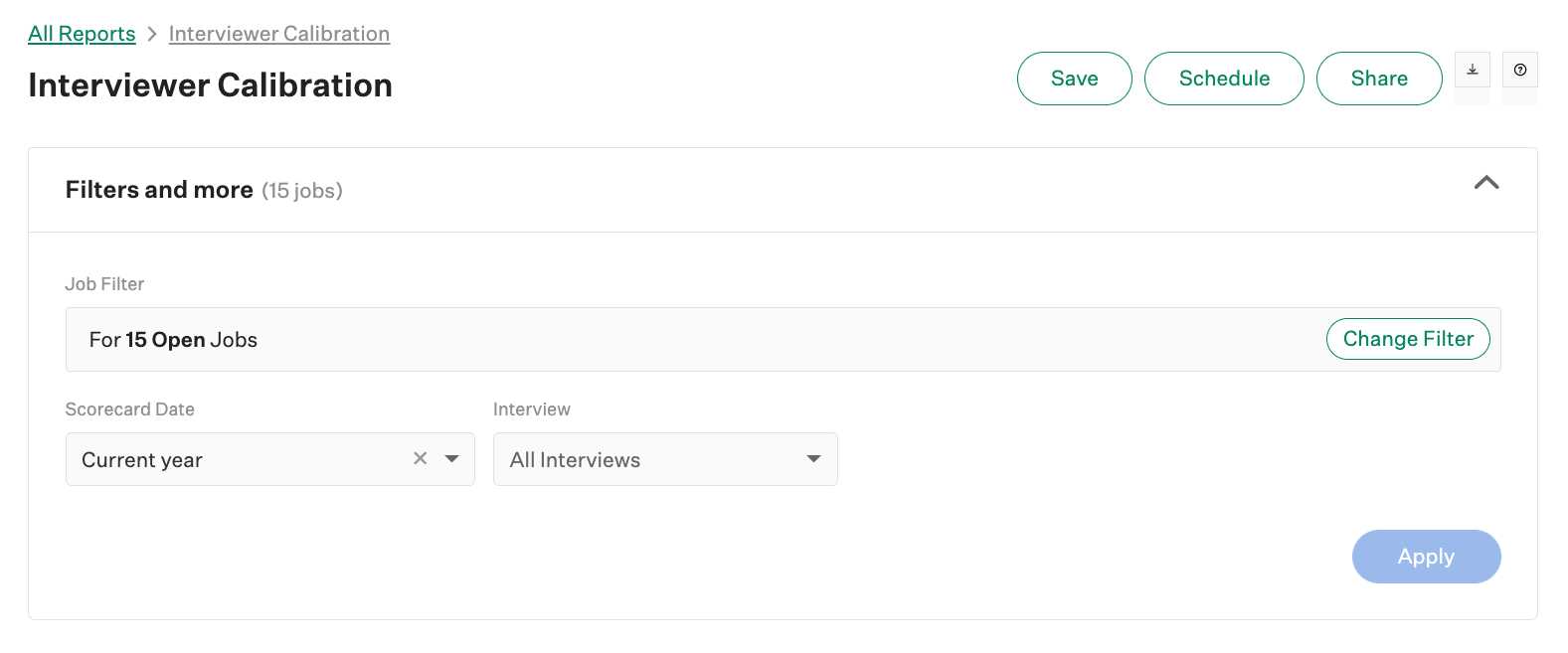 Screenshot of Filters and more on an example interviewer calibration report