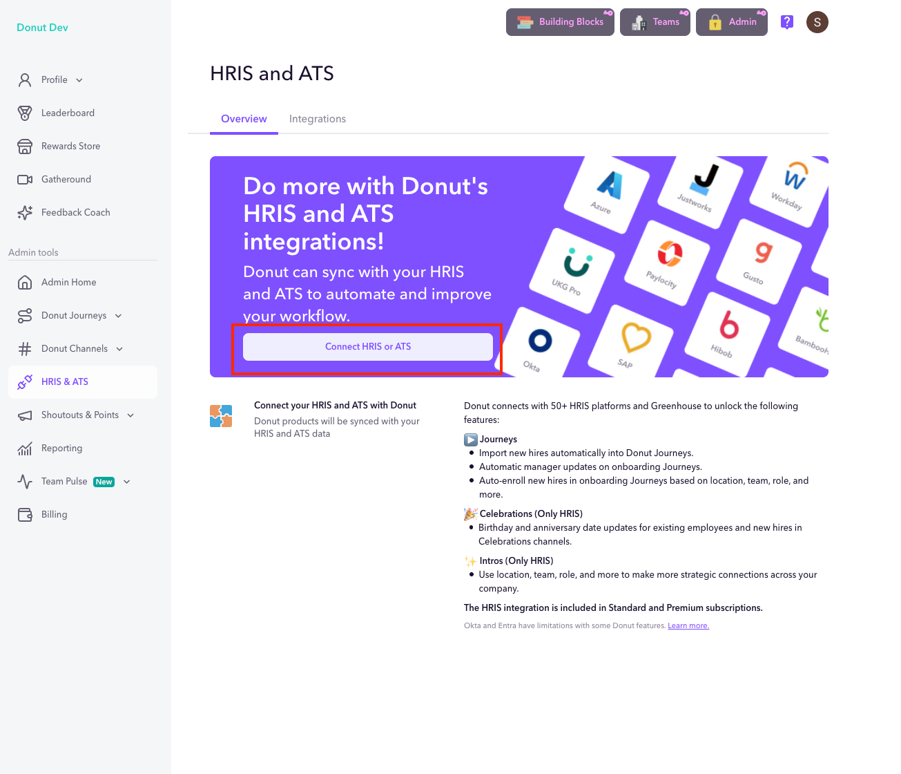 Donut HRIS and ATS page with Connect HRIS or ATS button