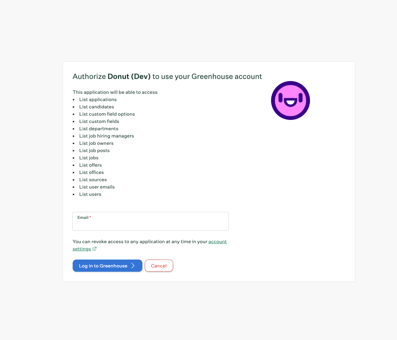 Greenhouse authorization screen for Donut