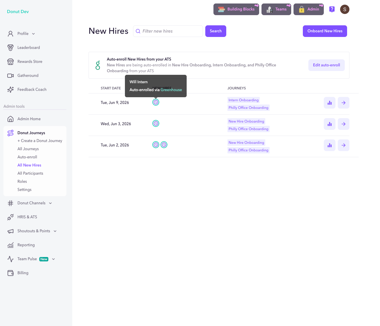 Donut onboarding journey enrollment settings