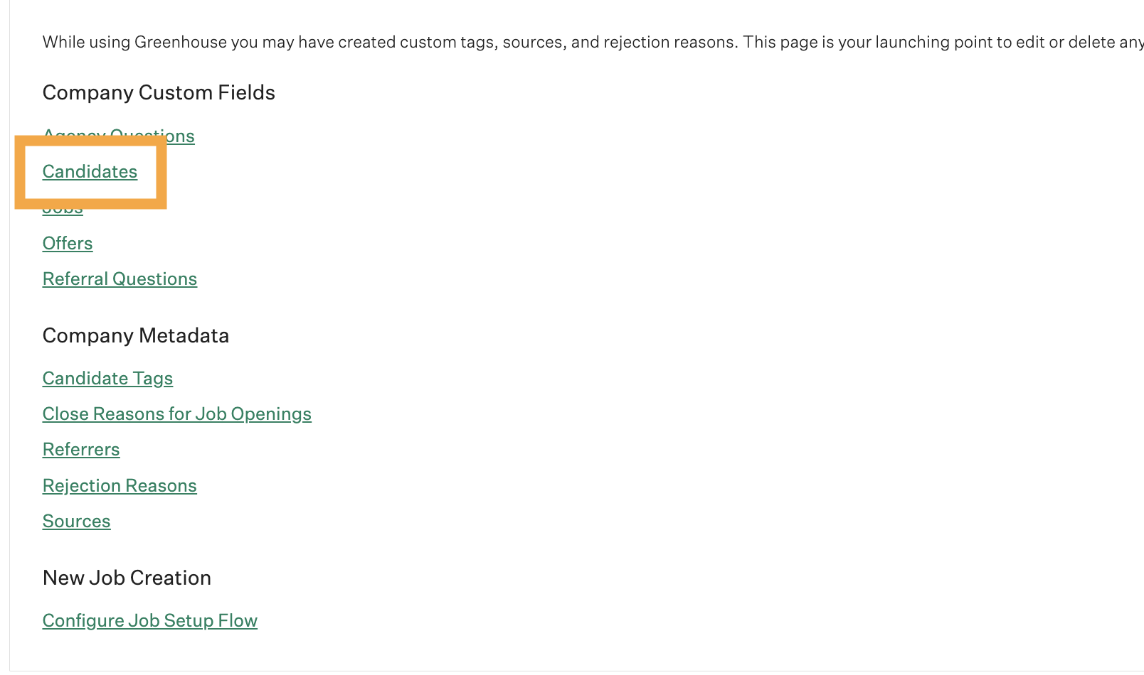 Custom fields options page with Candidates selected