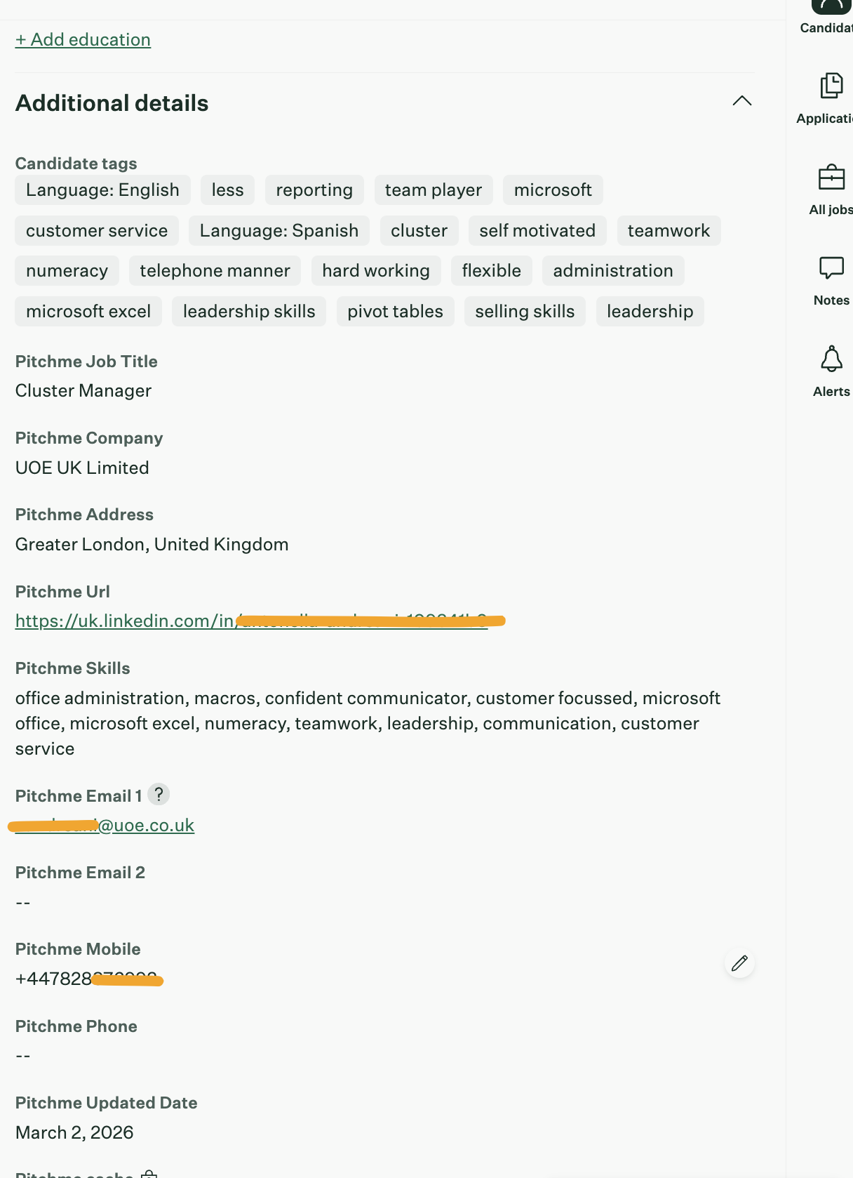 Example of PitchMe custom fields displayed in a Greenhouse candidate profile