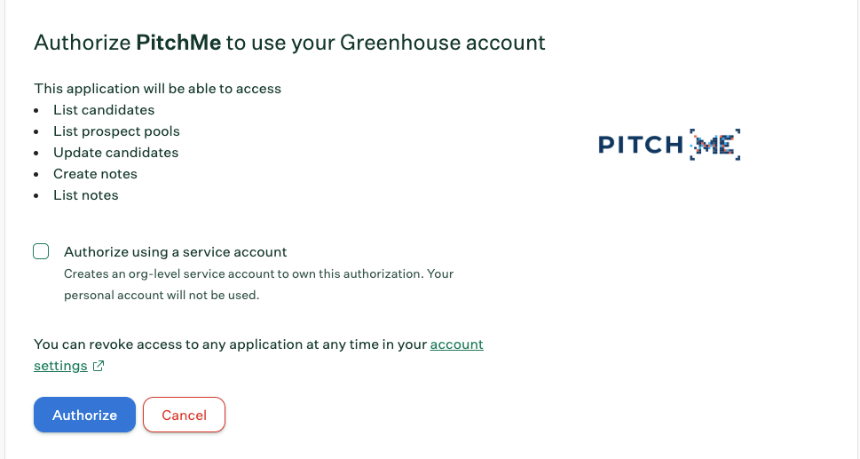PitchMe integration privileges screen