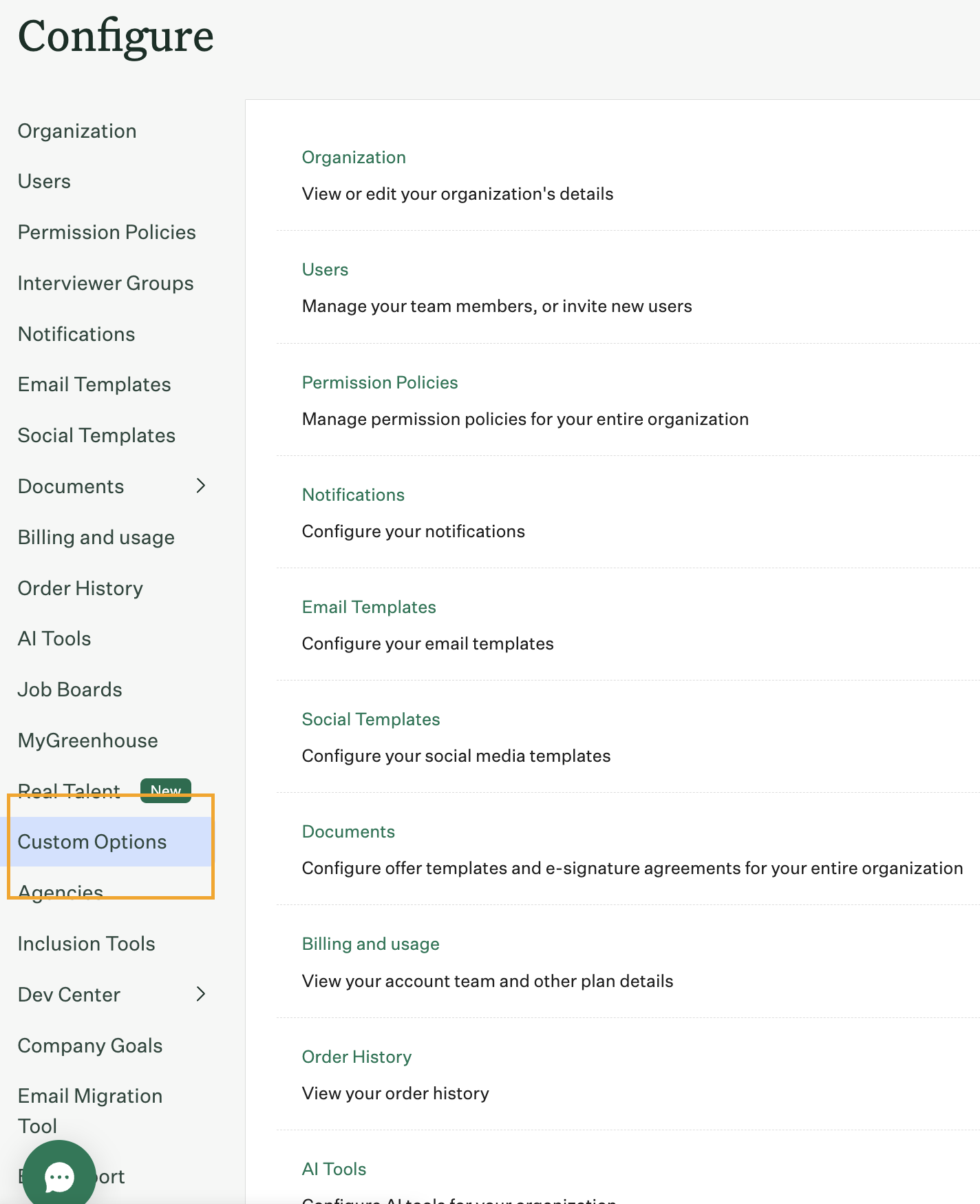 Greenhouse Configure menu with Custom options highlighted