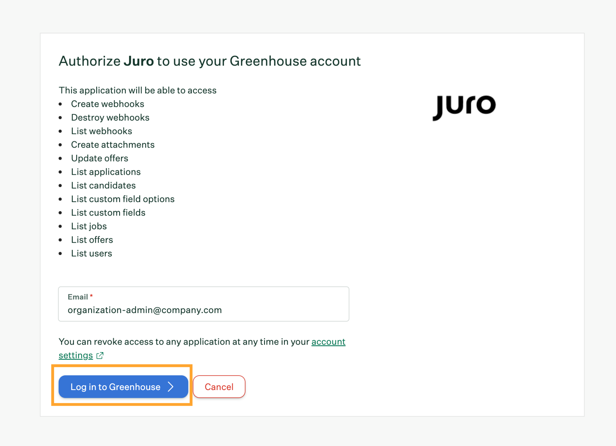 Greenhouse Recruiting authorization screen for Juro