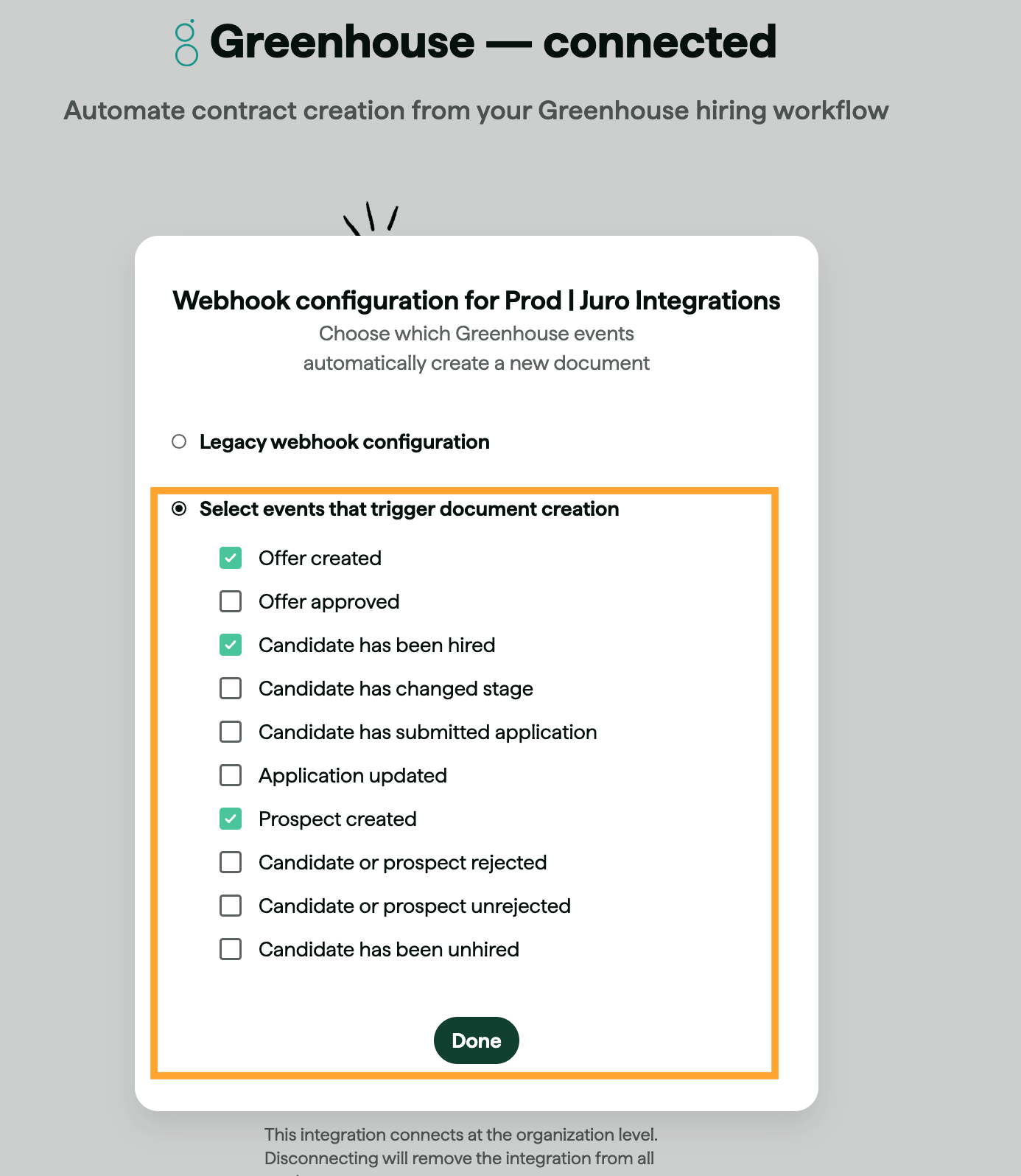 Juro webhook configuration modal showing event selection