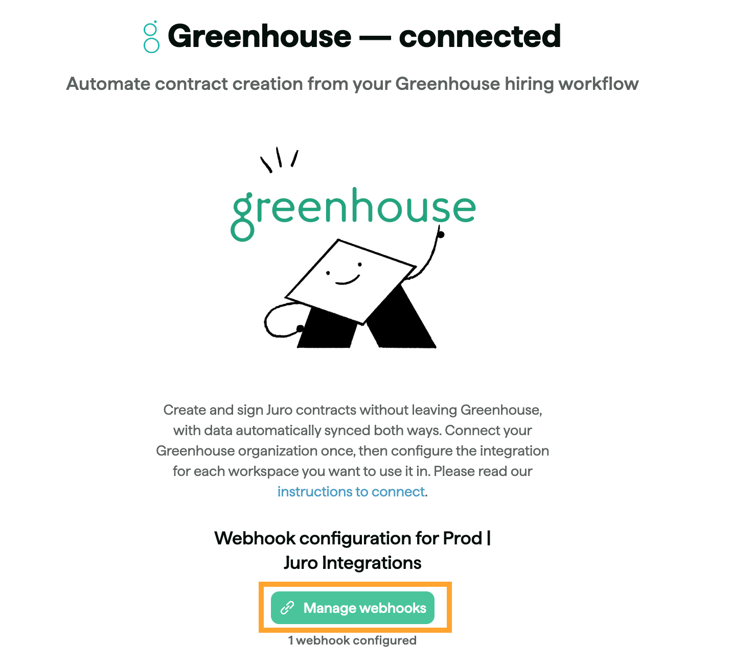Juro Greenhouse integration page with Manage webhooks option