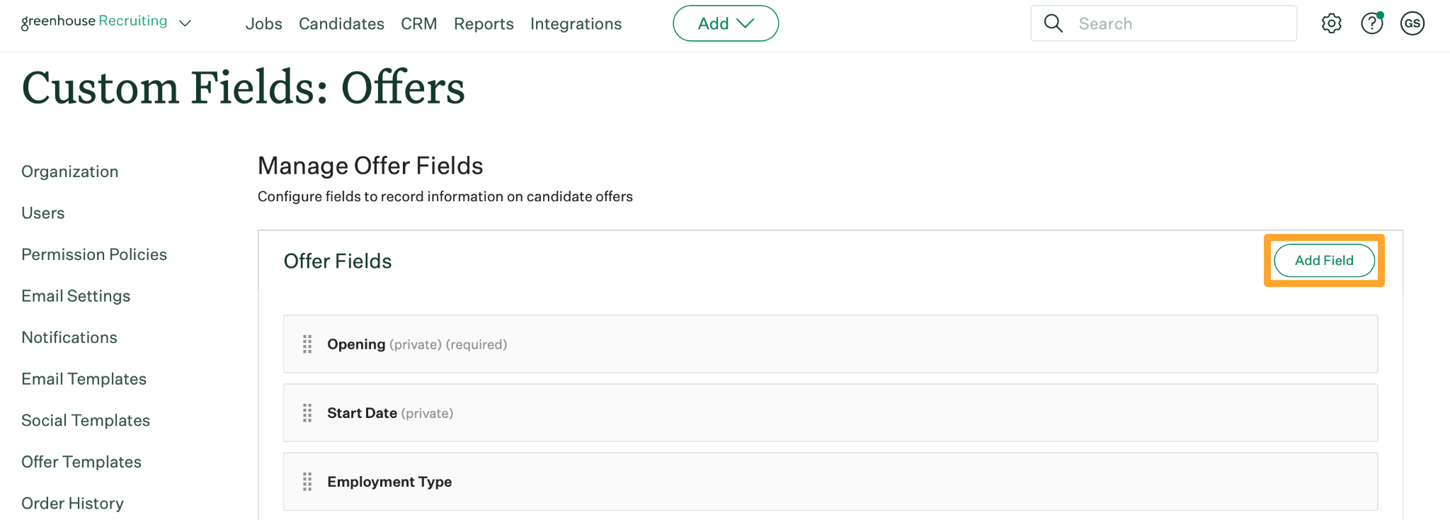 Manage Offer Fields page with Add Field button
