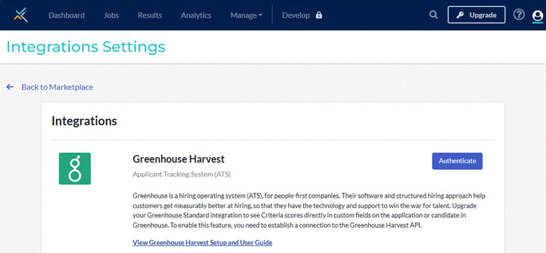 Criteria Integrations menu showing Greenhouse Harvest section with Authenticate button