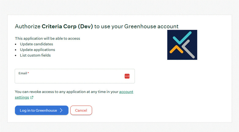 Greenhouse login screen during Criteria authorization