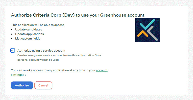 Greenhouse Authorize screen with service account checkbox