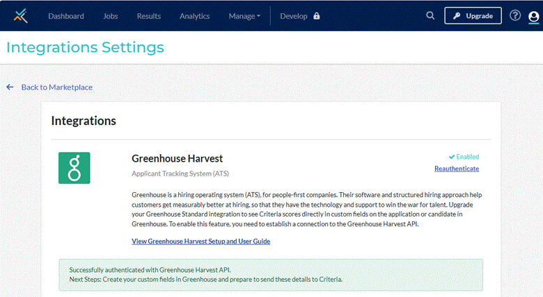 Criteria integration page showing Enabled status for Greenhouse Harvest connection