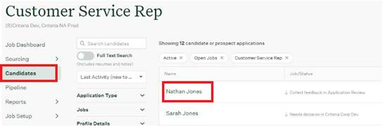 Greenhouse job page showing candidate list
