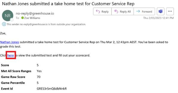 Greenhouse email notification for Criteria assessment results