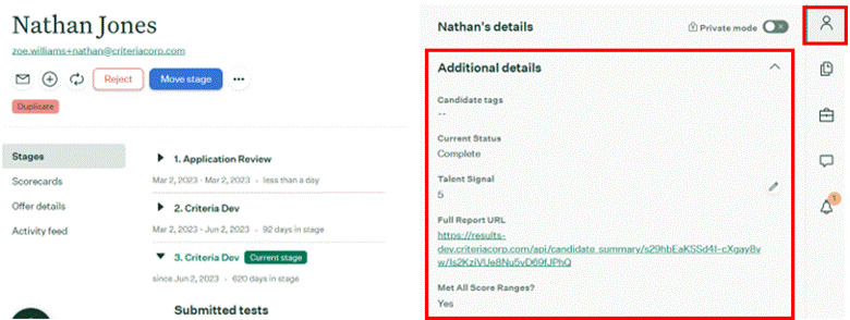 Greenhouse Candidate panel showing Criteria custom fields in Additional details