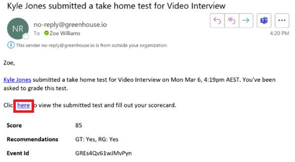 Greenhouse email notification for video interview results