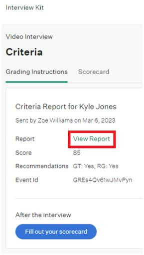 Greenhouse Interview Kit showing video interview score and evaluator recommendations