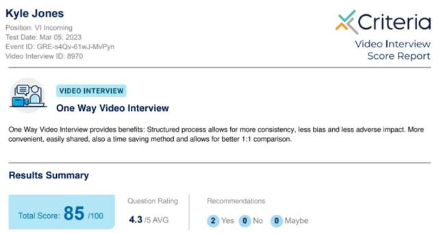 Criteria Video Score Report example