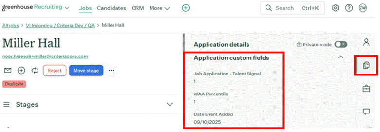Greenhouse Application panel showing Criteria custom fields