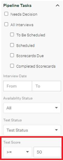 Greenhouse Pipeline Tasks section showing Test Score filter