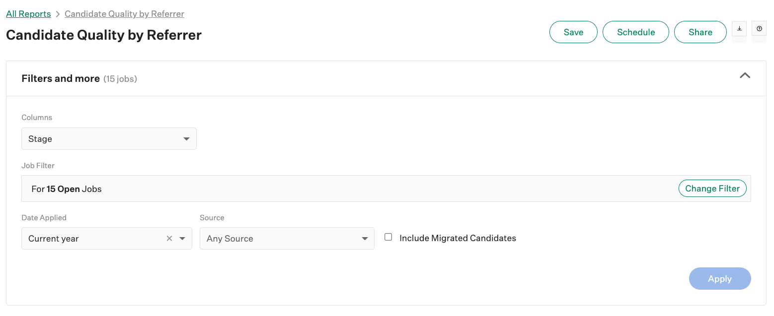Screenshot of Filters and more on a candidate quality by referrer report
