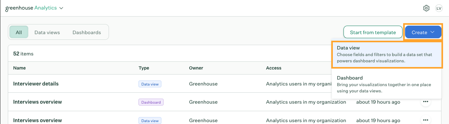 Create menu open with Data view option