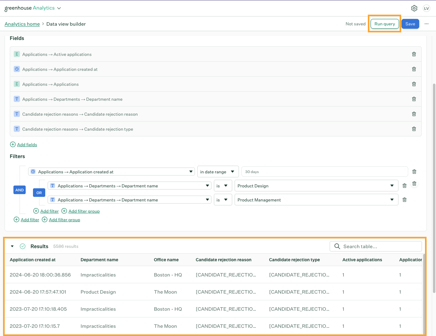 Data view with Run query button and Results table showing results