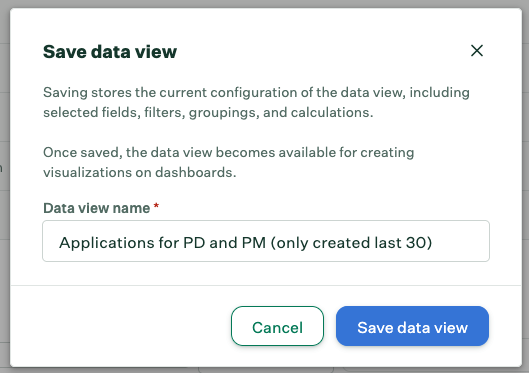 Save data view dialog with name input field