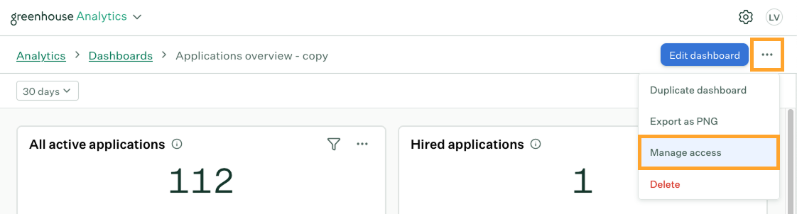 Dashboard header showing the ellipsis menu with Manage access option