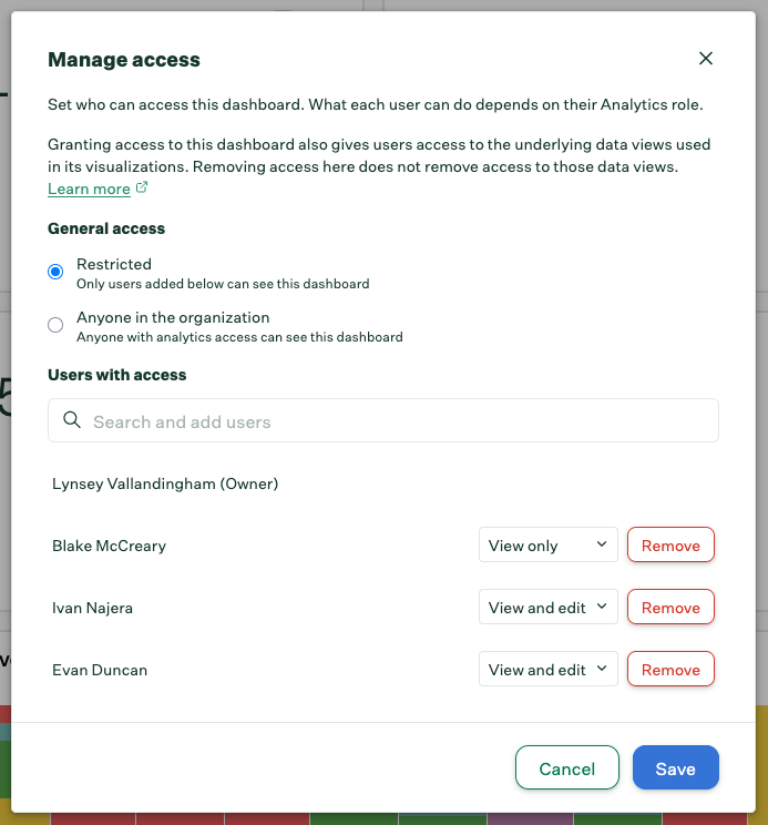 Manage access panel showing sharing options