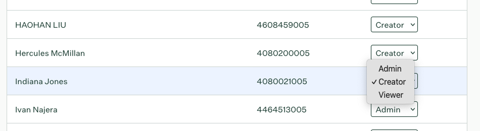 User list showing role dropdown next to each user's name