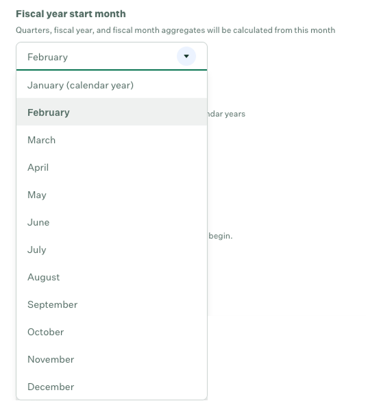 Fiscal year start month dropdown