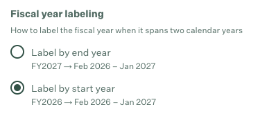 Fiscal year label options showing label by end year and label by start year