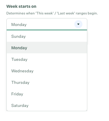 Week starts on dropdown showing day options