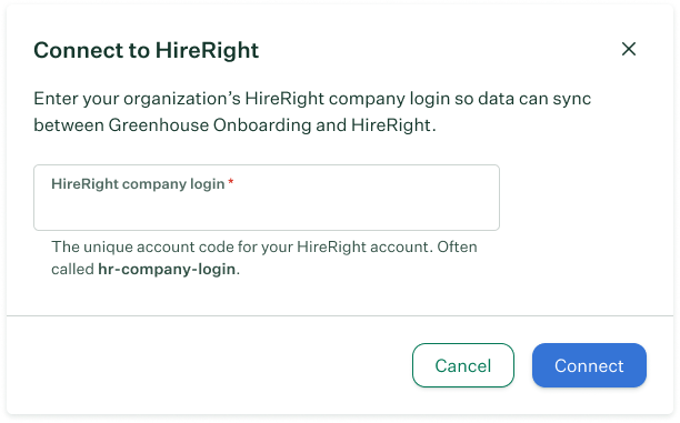 Connect to HireRight window in Greenhouse Onboarding showing the field to enter the HireRight company login and the Connect button