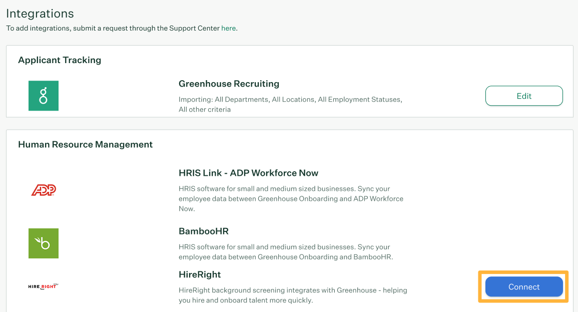 Greenhouse Onboarding Integrations page showing HireRight listed in the Human Resource Management section with a Connect button