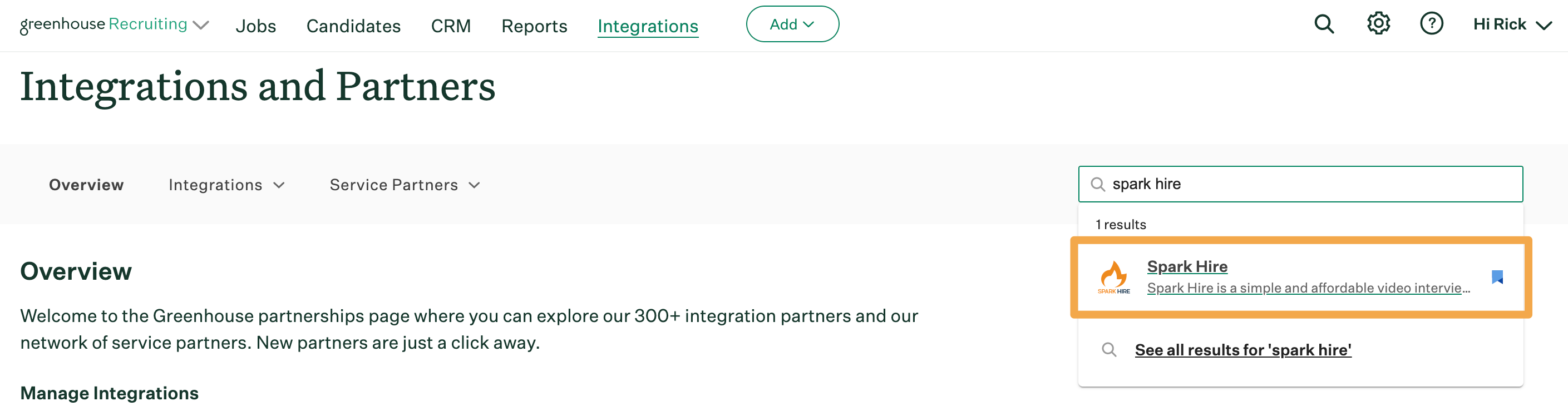 Greenhouse Recruiting shows Spark Hire on the integrations search bar results