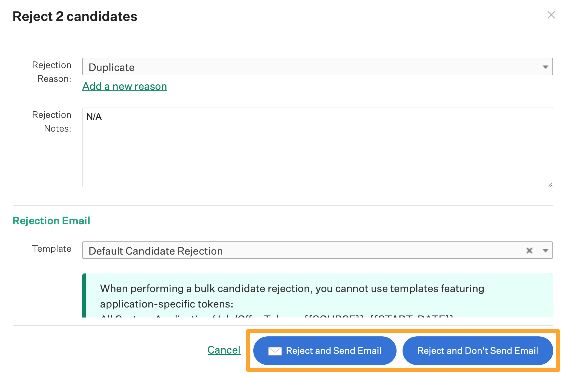 Screenshot of the reject candidates window