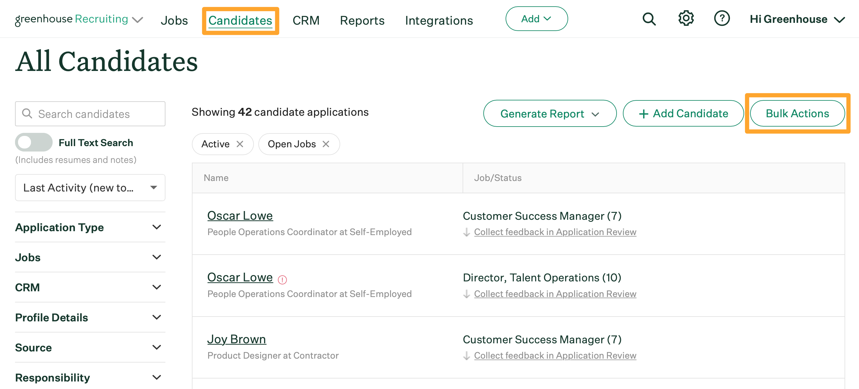 Screenshot of the candidates and bulk actions buttons