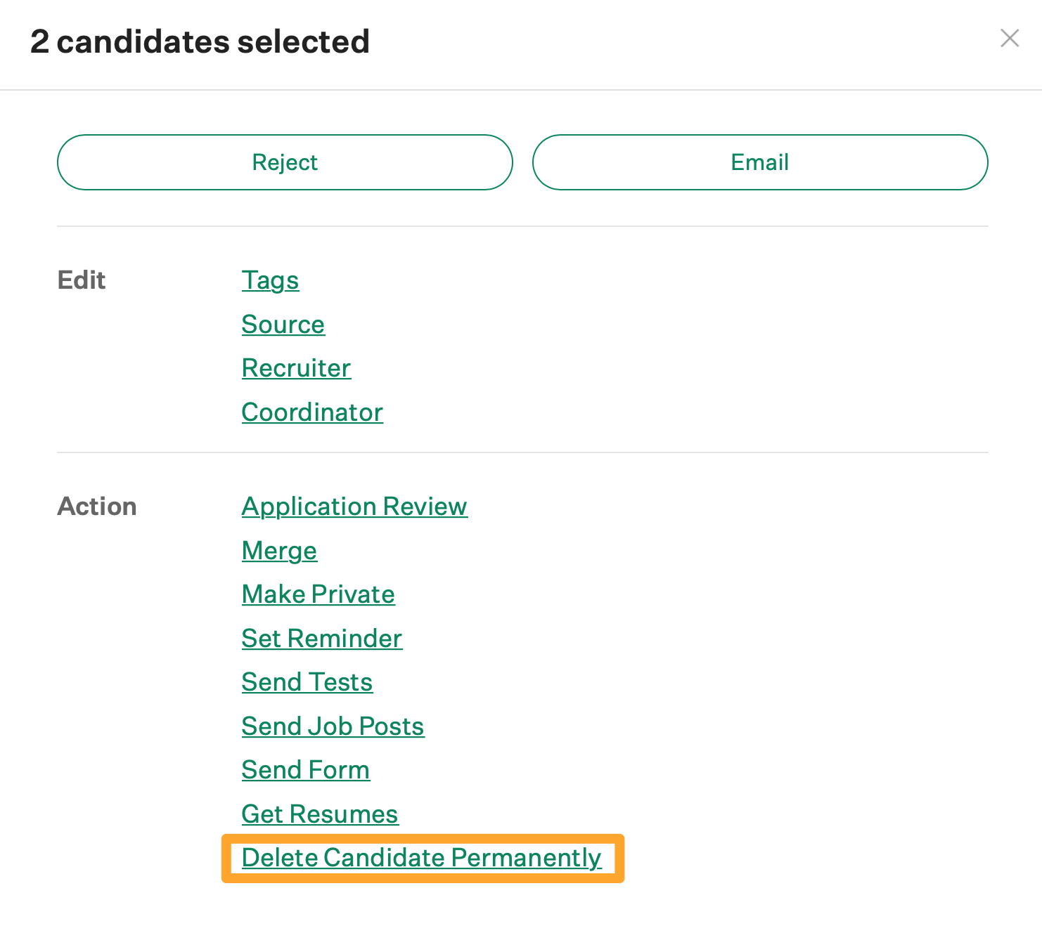 Screenshot of the delete candidates permanently button