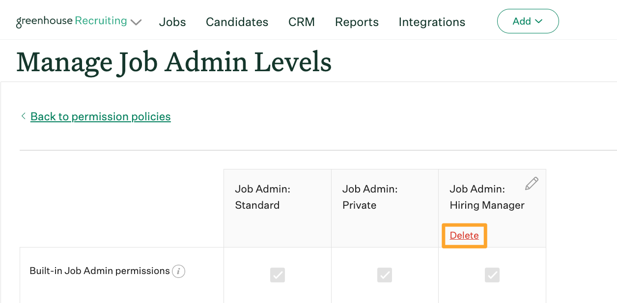 Screenshot of delete a job admin level