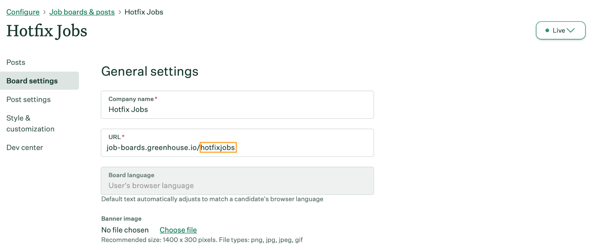 Greenhouse Edit Board Settings page with the job board slug highlighted