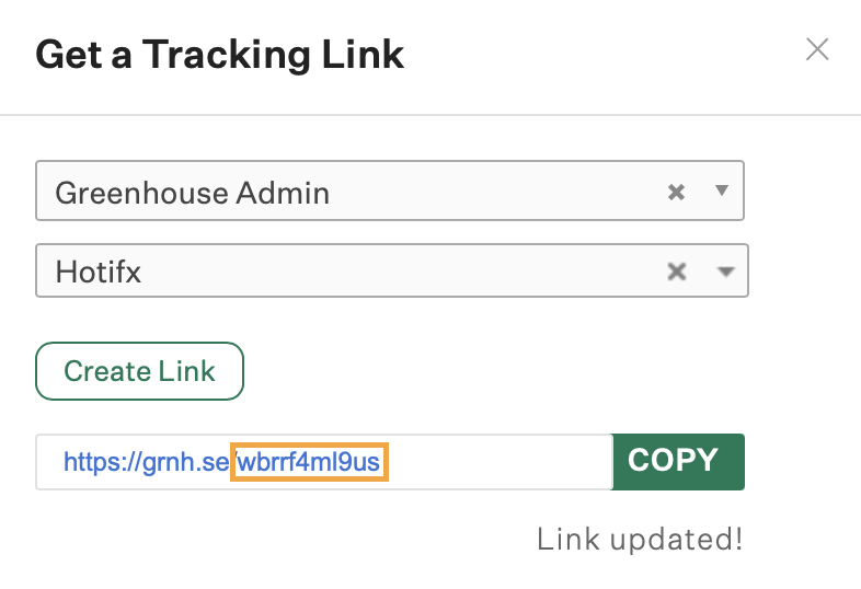 Greenhouse Tracking Link form with source set to Hotfix and the tracking token highlighted